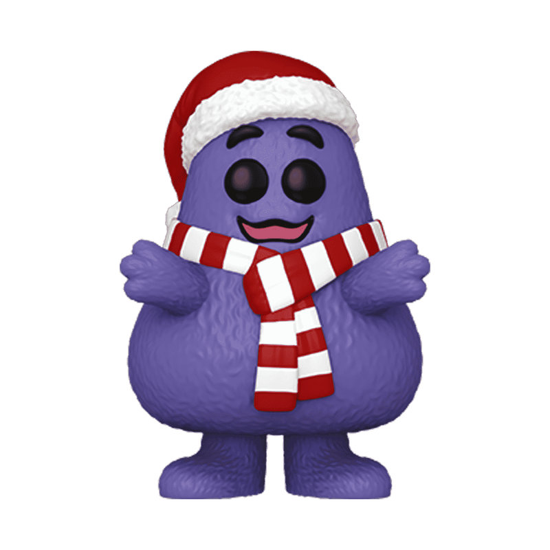 Pop! Holiday Grimace, wearing a Santa hat and candy-cane striped scarf
